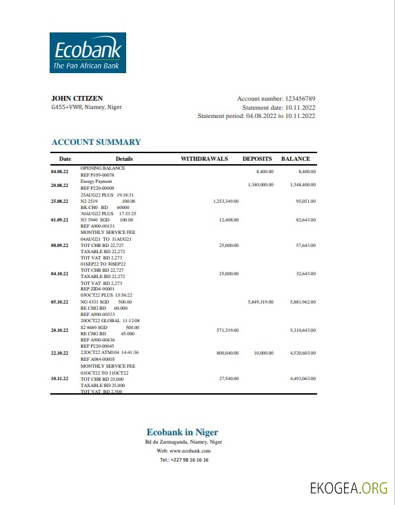 Modèle Excel et PDF de relevé bancaire Niger Ecobank